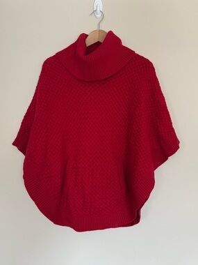 Talbots Red Cable Knit Cowl Neck Wool Blend Poncho Pullover Sweater XS
